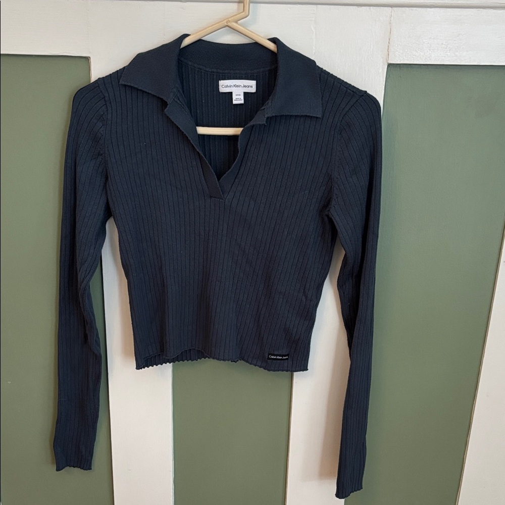 Calvin Klein Women's Dark Blue Ribbed Long Sleeve Top